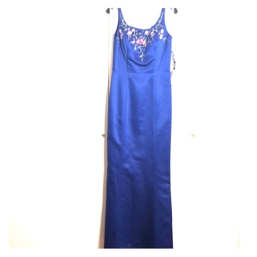 Royal blue formal gown with embroidery